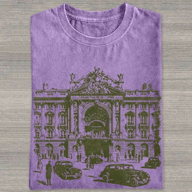 Etching Old Paris Opera House Vintage Classic Car Washed T-shirt