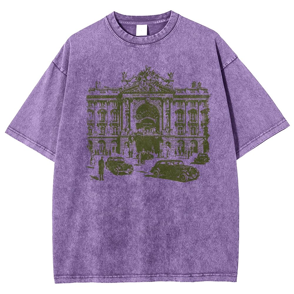Etching Old Paris Opera House Vintage Classic Car Washed T-shirt