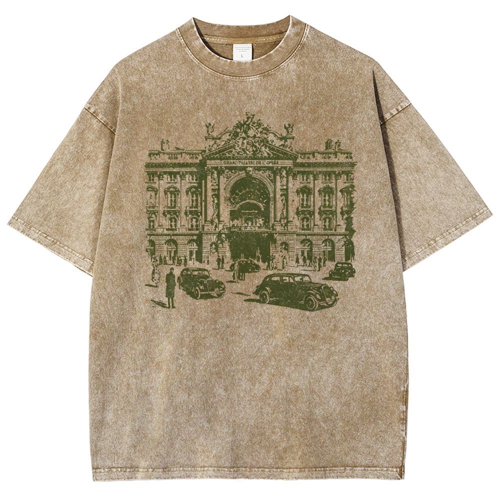 Etching Old Paris Opera House Vintage Classic Car Washed T-shirt