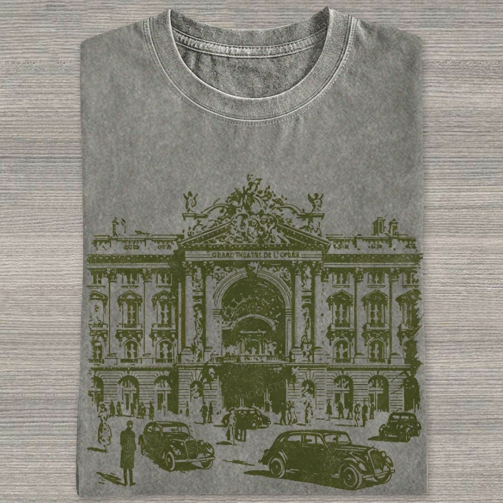 Etching Old Paris Opera House Vintage Classic Car Washed T-shirt