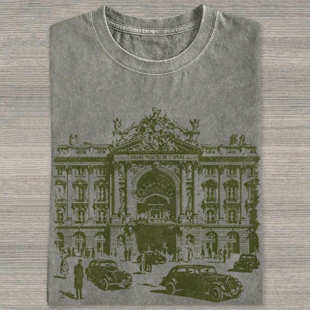 Etching Old Paris Opera House Vintage Classic Car Washed T-shirt