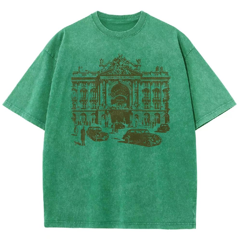 Etching Old Paris Opera House Vintage Classic Car Washed T-shirt