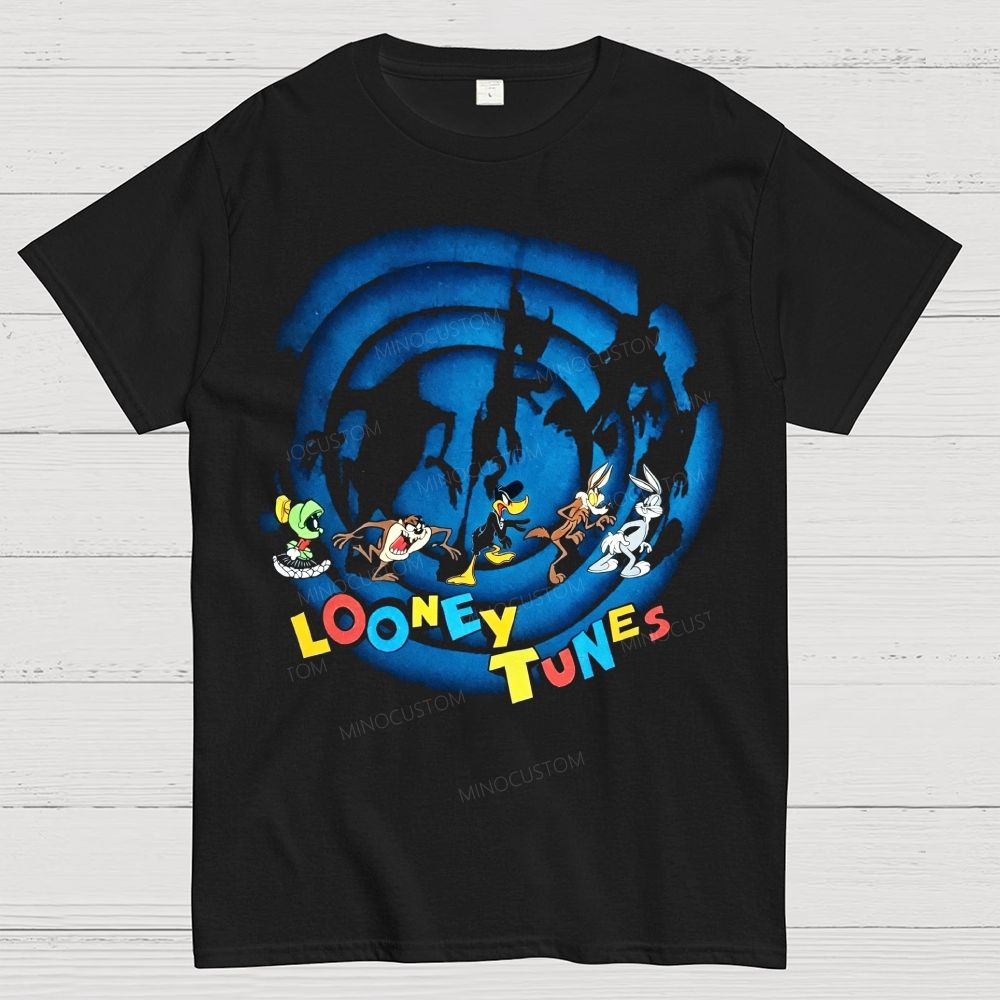 Cartoon Character Group Blue Swirl Shadow Cotton T-Shirt