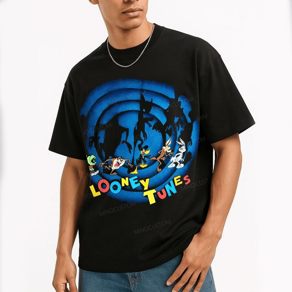 Cartoon Character Group Blue Swirl Shadow Cotton T-Shirt
