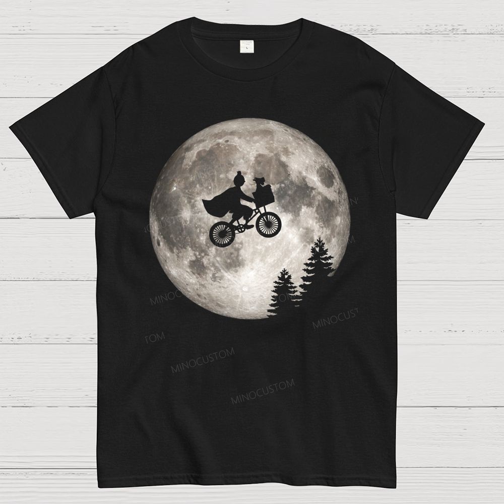 Silhouette Figure Riding Bicycle Against Full Moon Cotton T-Shirt