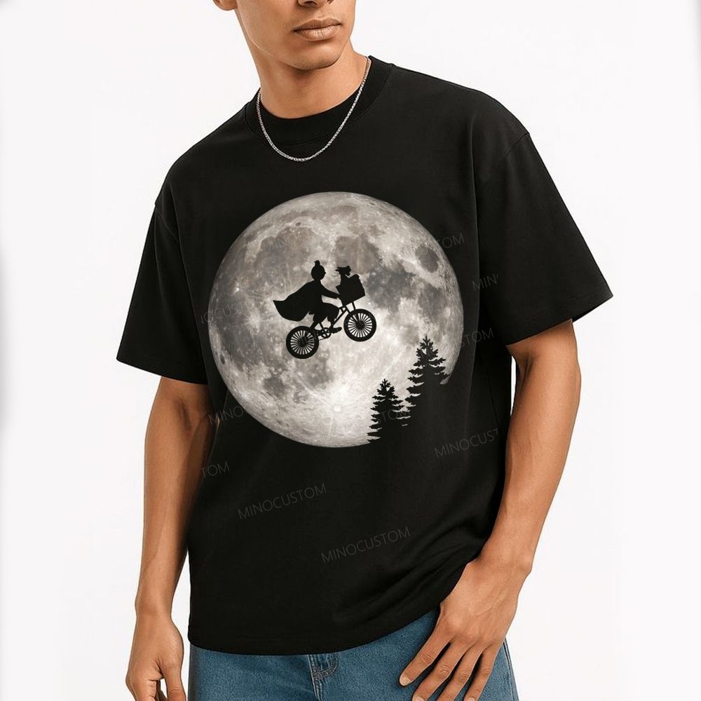 Silhouette Figure Riding Bicycle Against Full Moon Cotton T-Shirt