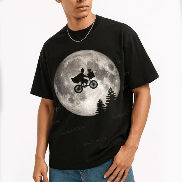 Silhouette Figure Riding Bicycle Against Full Moon Cotton T-Shirt