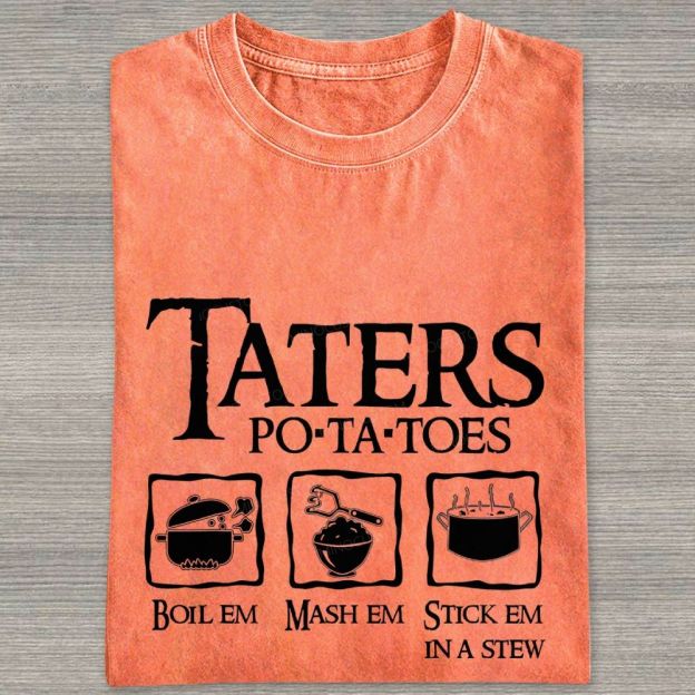 Vintage Orange Washed Graphic T‑Shirt Funny Potato Cooking Washed T-shirt