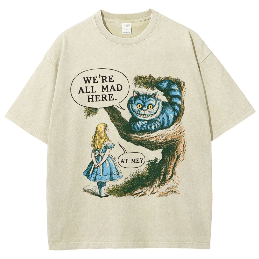 Vintage Washed Retro Fairy Tale Cat Illustration Unisex Fit Washed T-Shirt