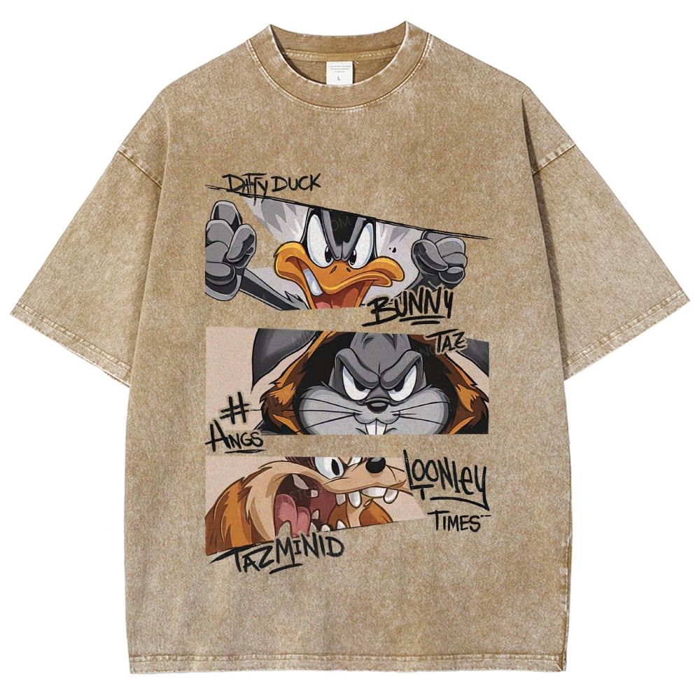 Vintage Washed Retro Angry Cartoon Character Collage Unisex Fit Washed T-Shirt