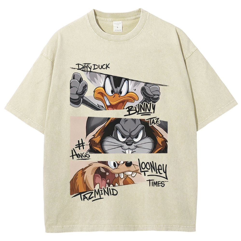 Vintage Washed Retro Angry Cartoon Character Collage Unisex Fit Washed T-Shirt