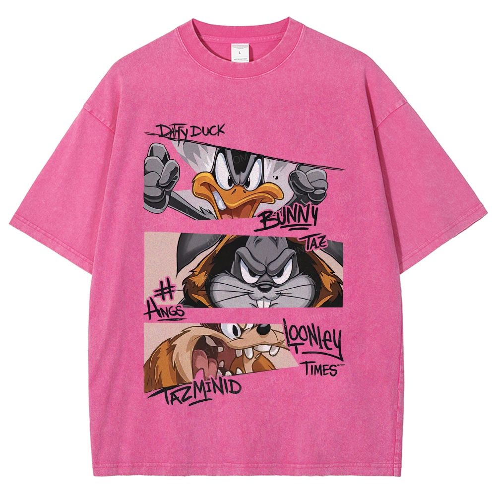 Vintage Washed Retro Angry Cartoon Character Collage Unisex Fit Washed T-Shirt