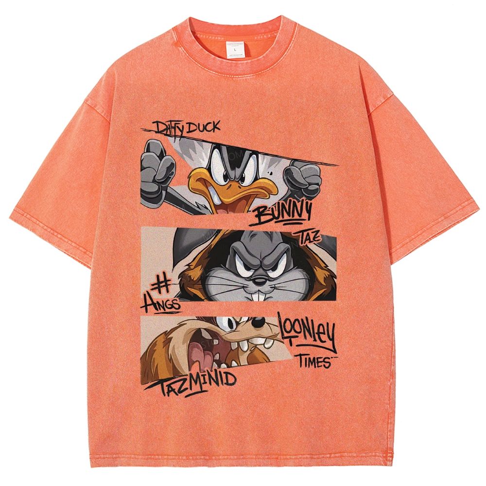 Vintage Washed Retro Angry Cartoon Character Collage Unisex Fit Washed T-Shirt