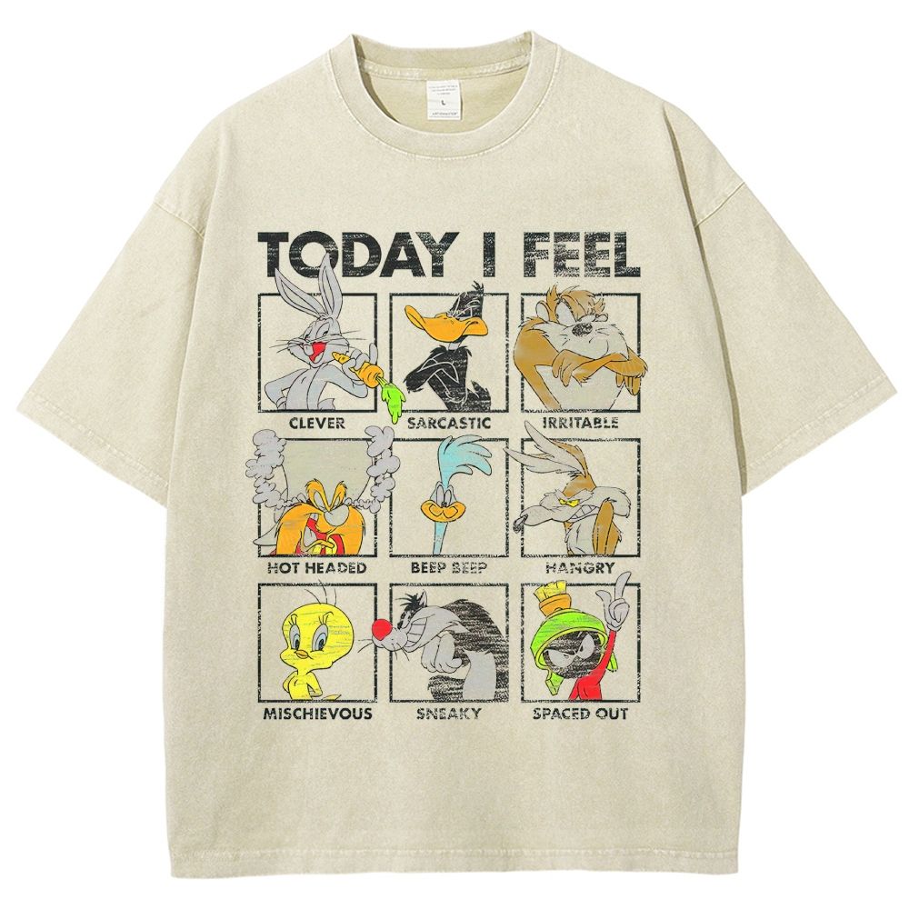 Vintage Washed Retro Mood Chart Cartoon Grid Graphic Unisex Fit Washed T-Shirt