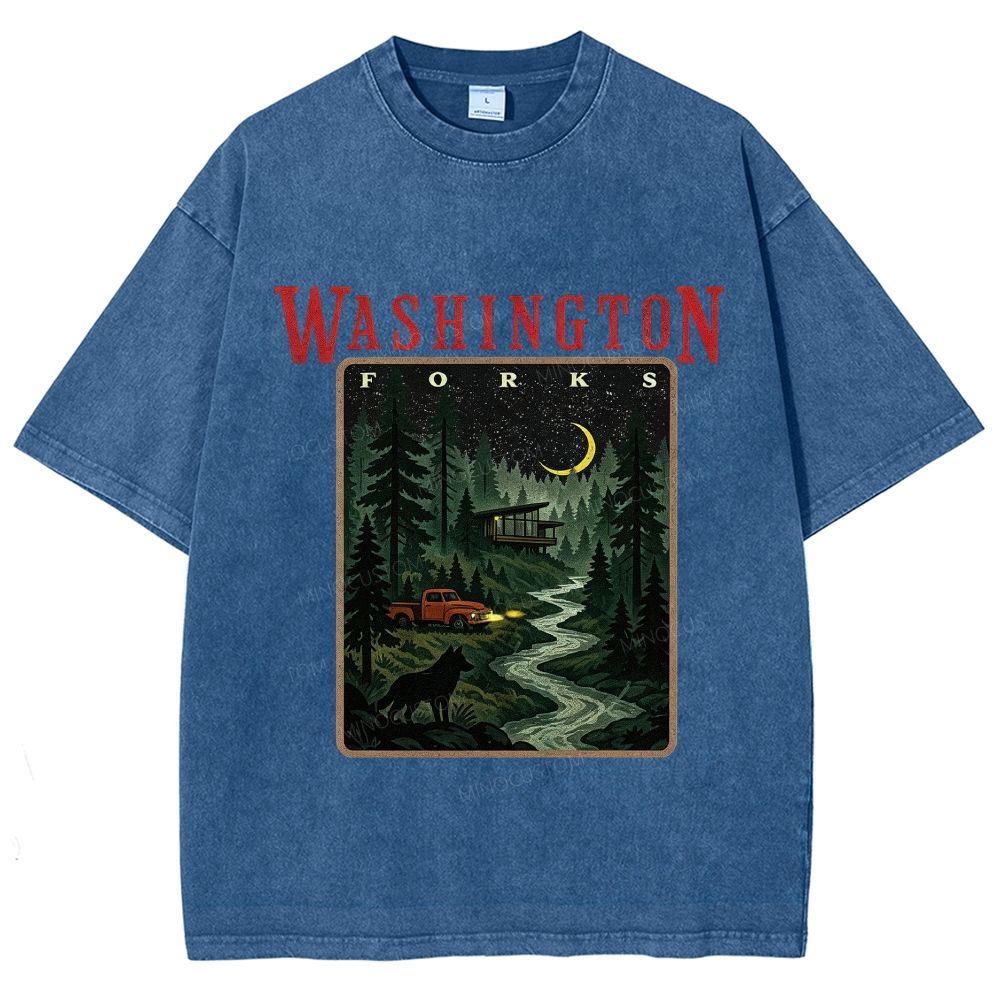 Vintage Washed Night Forest Mountain Landscape Unisex Fit Washed T-Shirt