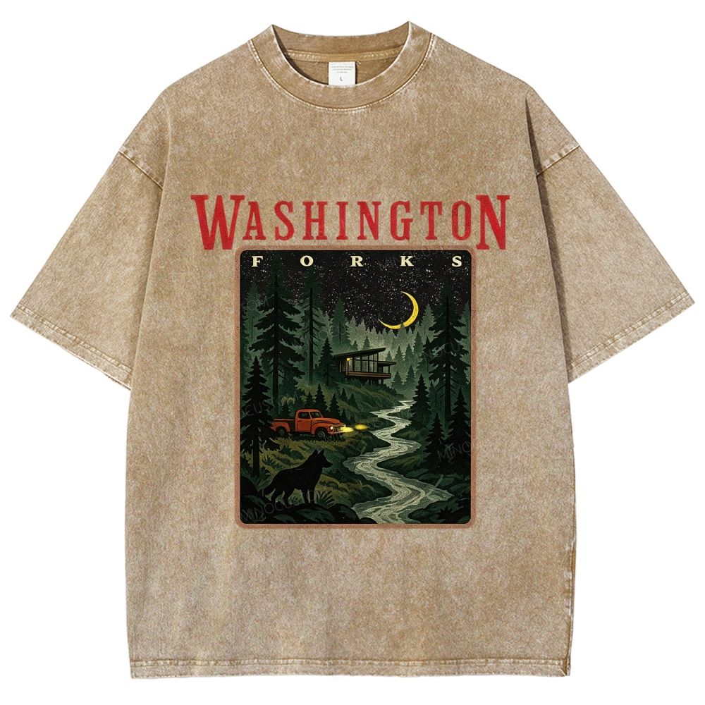 Vintage Washed Night Forest Mountain Landscape Unisex Fit Washed T-Shirt