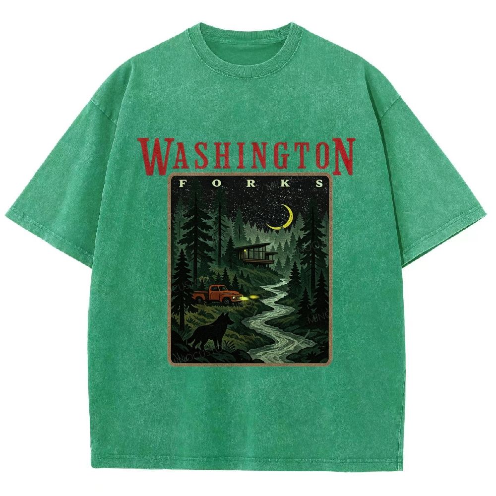 Vintage Washed Night Forest Mountain Landscape Unisex Fit Washed T-Shirt