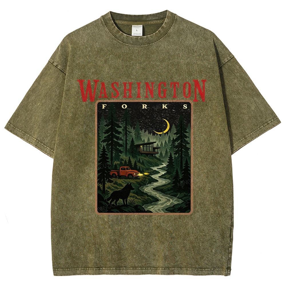 Vintage Washed Night Forest Mountain Landscape Unisex Fit Washed T-Shirt