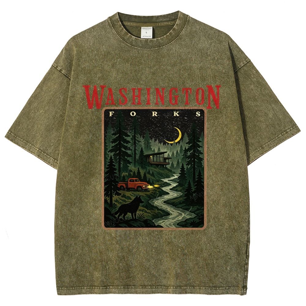 Vintage Washed Night Forest Mountain Landscape Unisex Fit Washed T-Shirt