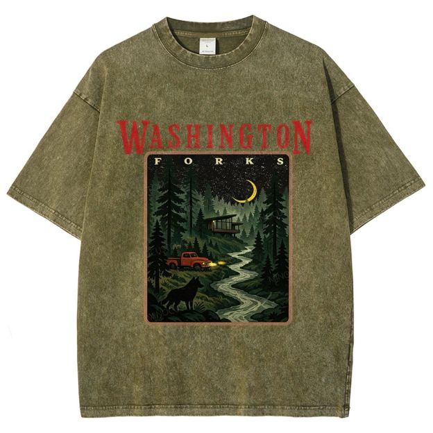 Vintage Washed Night Forest Mountain Landscape Unisex Fit Washed T-Shirt