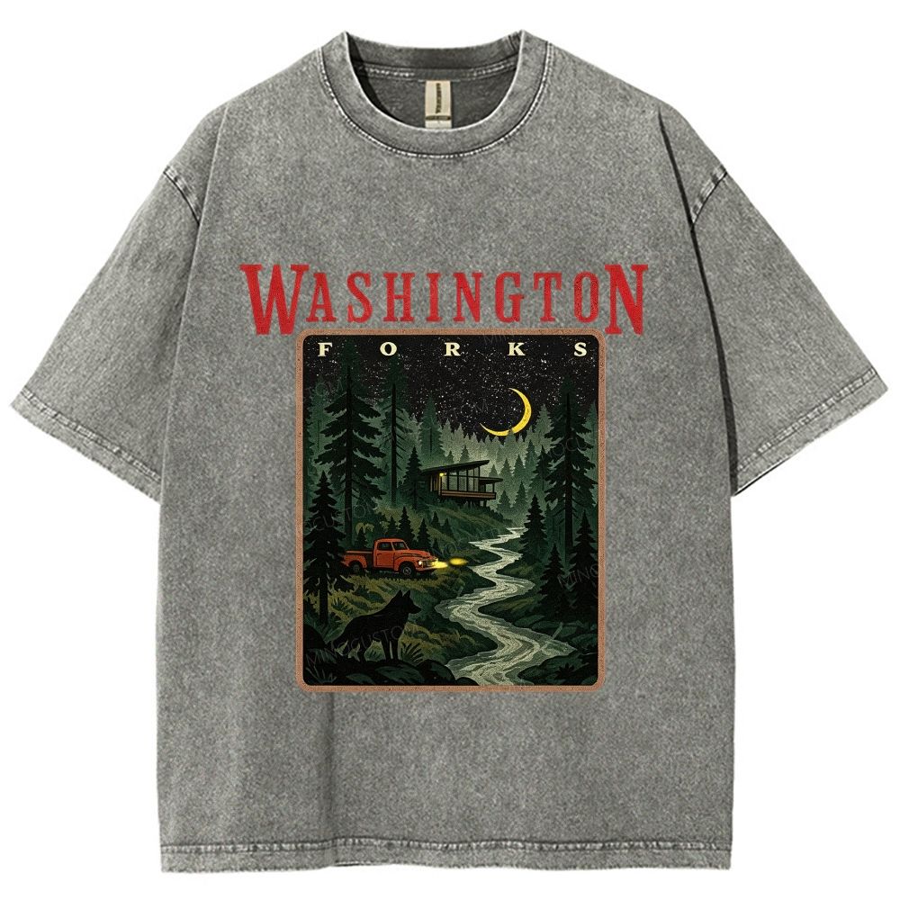 Vintage Washed Night Forest Mountain Landscape Unisex Fit Washed T-Shirt