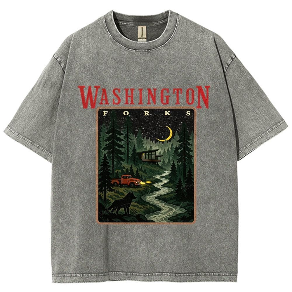 Vintage Washed Night Forest Mountain Landscape Unisex Fit Washed T-Shirt