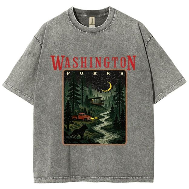 Vintage Washed Night Forest Mountain Landscape Unisex Fit Washed T-Shirt