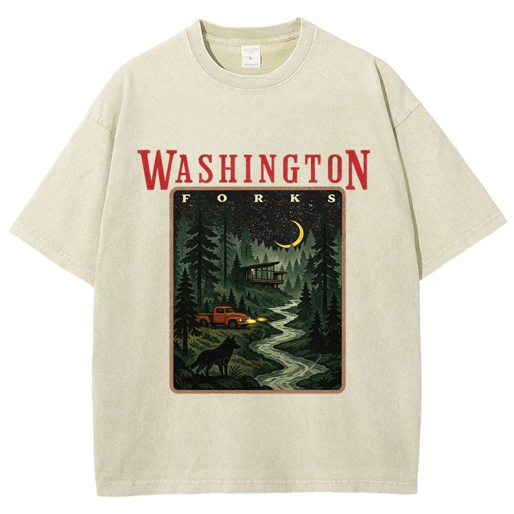 Vintage Washed Night Forest Mountain Landscape Unisex Fit Washed T-Shirt