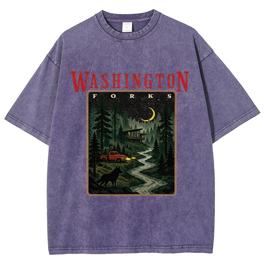 Vintage Washed Night Forest Mountain Landscape Unisex Fit Washed T-Shirt