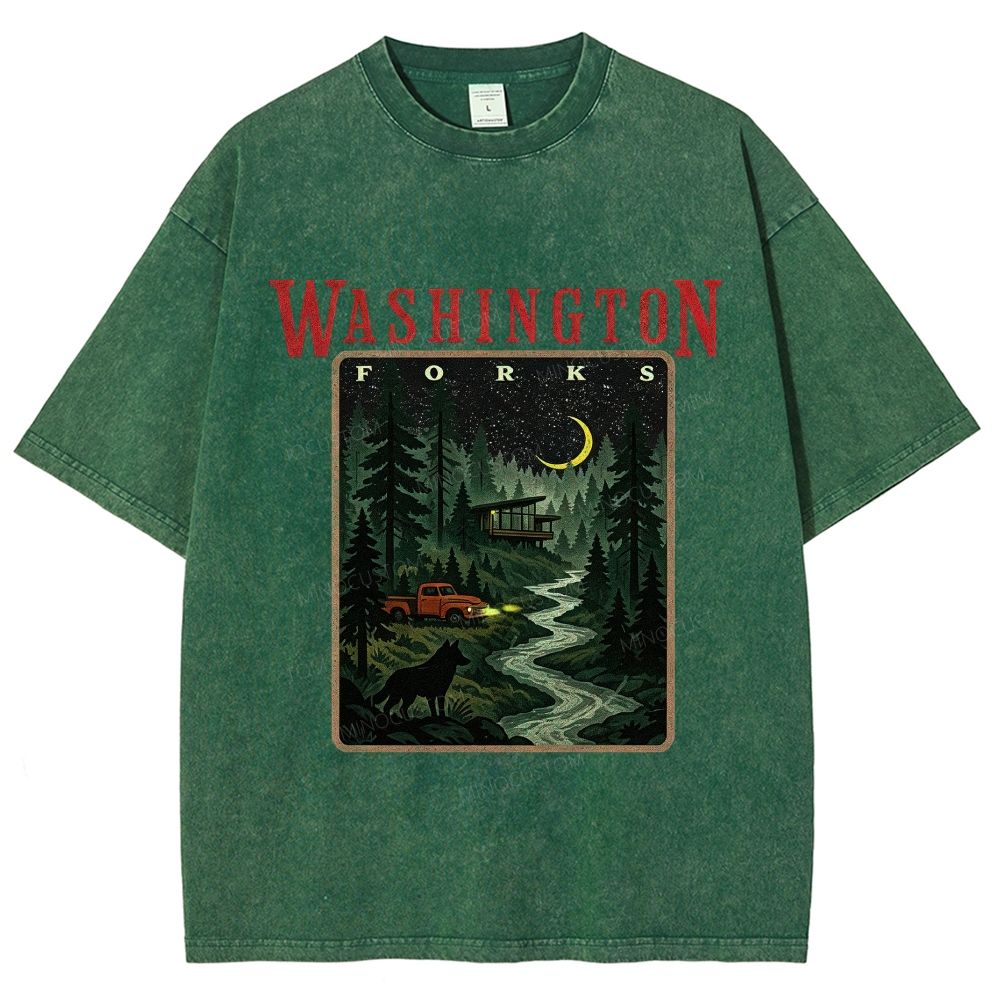 Vintage Washed Night Forest Mountain Landscape Unisex Fit Washed T-Shirt