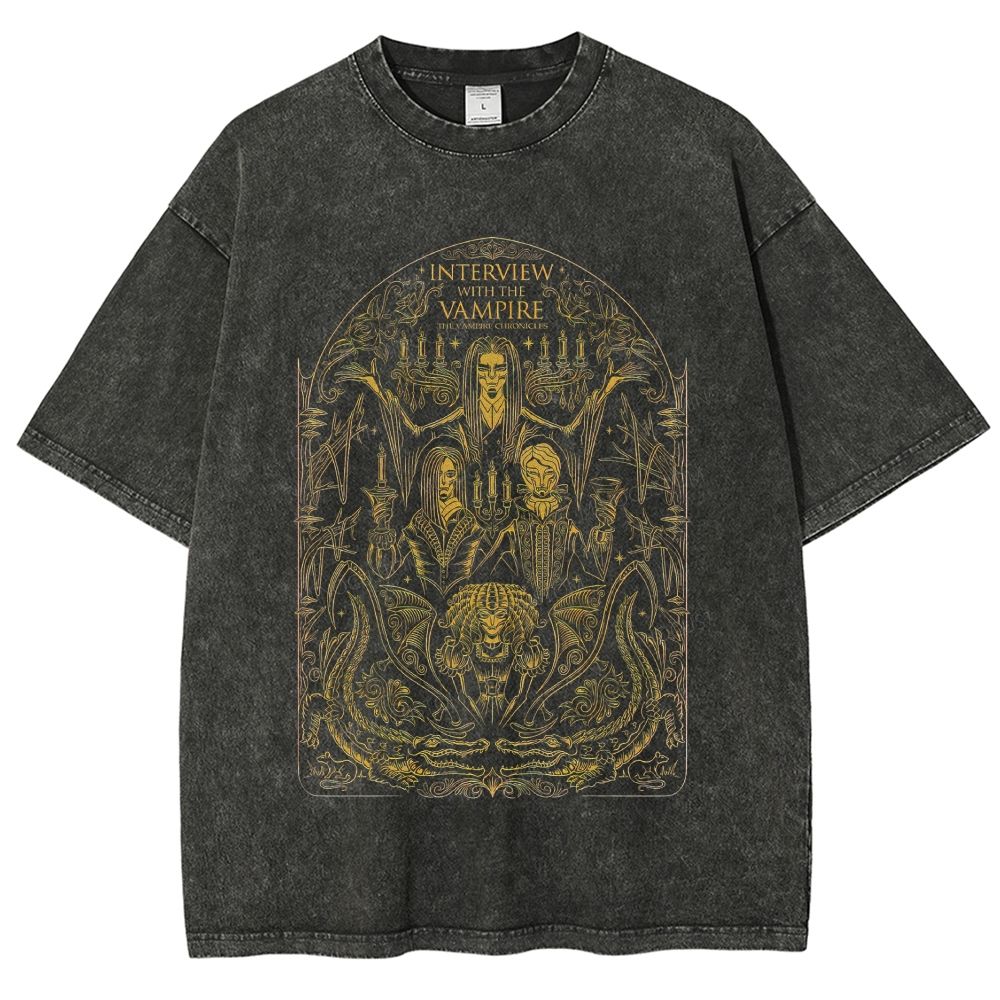 Vintage Washed Gothic Vampire Tarot Style Graphic Unisex Fit Washed T-Shirt