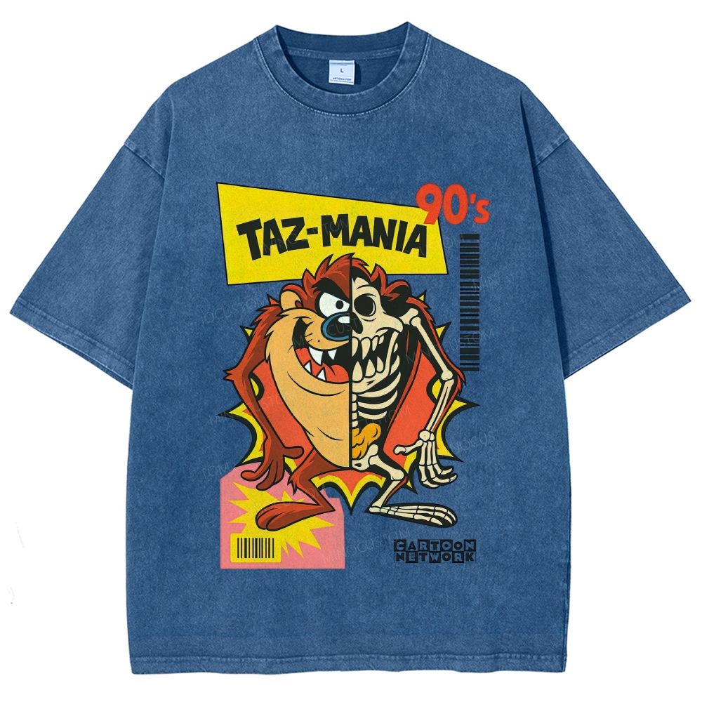 Vintage Washed 90s Retro Cartoon Skeleton Split Unisex Fit Washed T-Shirt