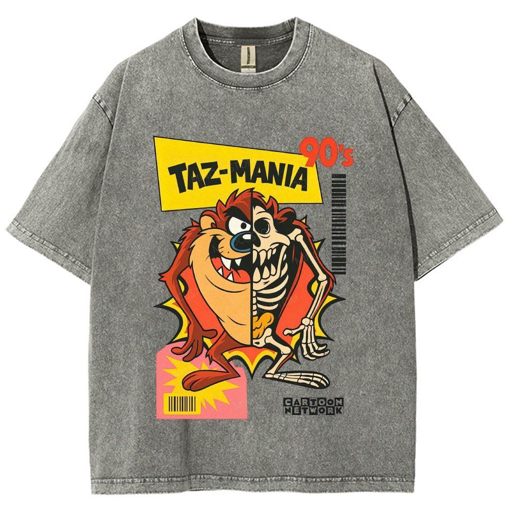 Vintage Washed 90s Retro Cartoon Skeleton Split Unisex Fit Washed T-Shirt