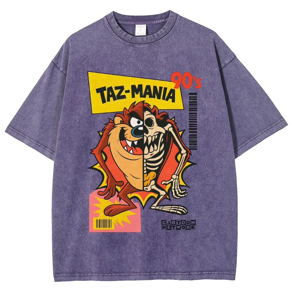 Vintage Washed 90s Retro Cartoon Skeleton Split Unisex Fit Washed T-Shirt