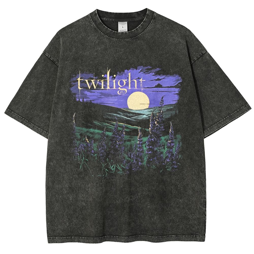 Vintage Washed Purple Lupine Moon Night Landscape Unisex Fit Washed T-Shirt