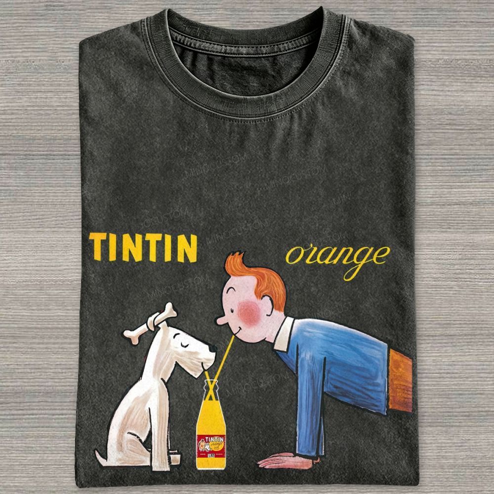 Cartoon Figure And Puppy Graphic Washed T-shirt
