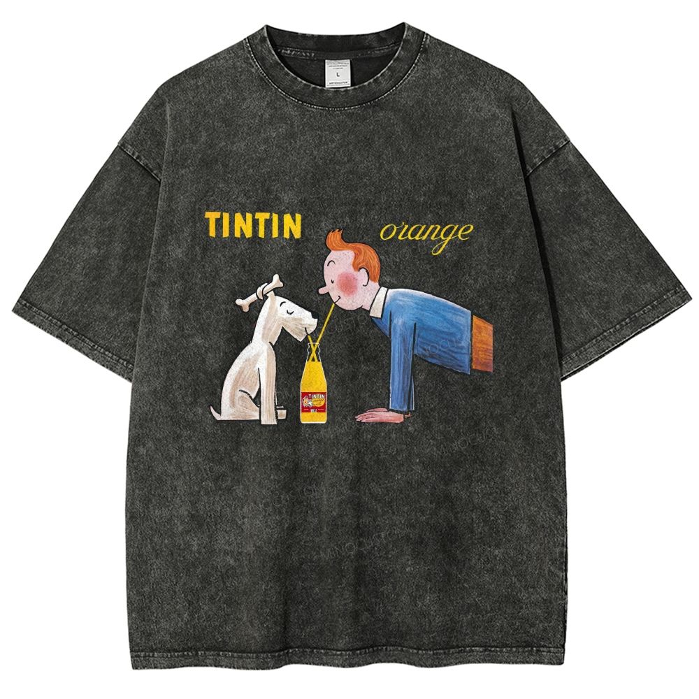 Cartoon Figure And Puppy Graphic Washed T-shirt