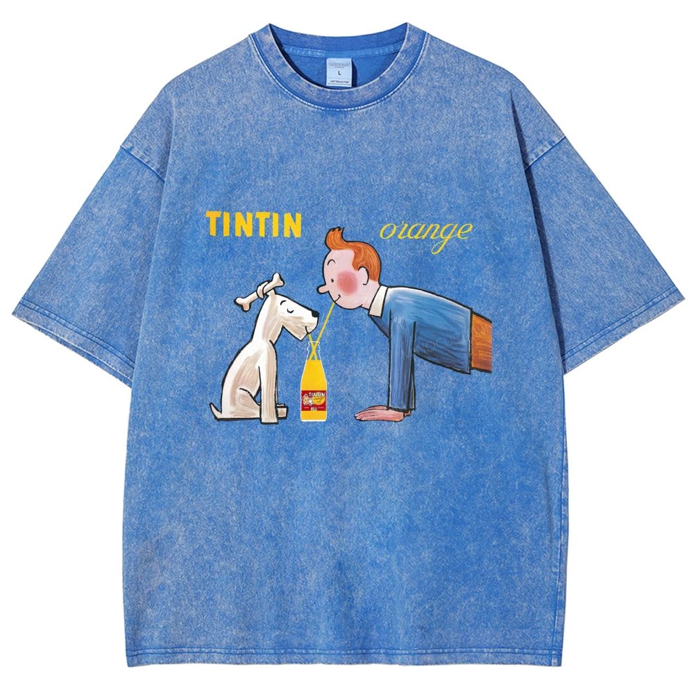 Cartoon Figure And Puppy Graphic Washed T-shirt