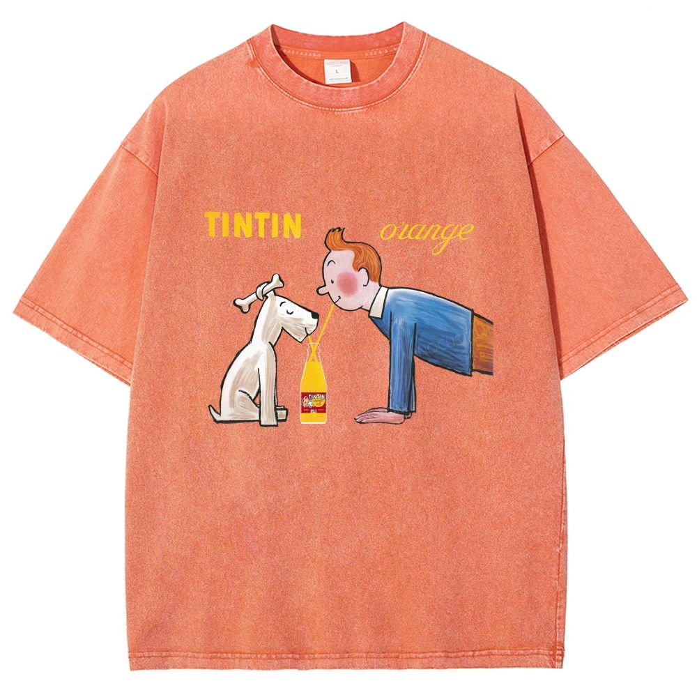Cartoon Figure And Puppy Graphic Washed T-shirt
