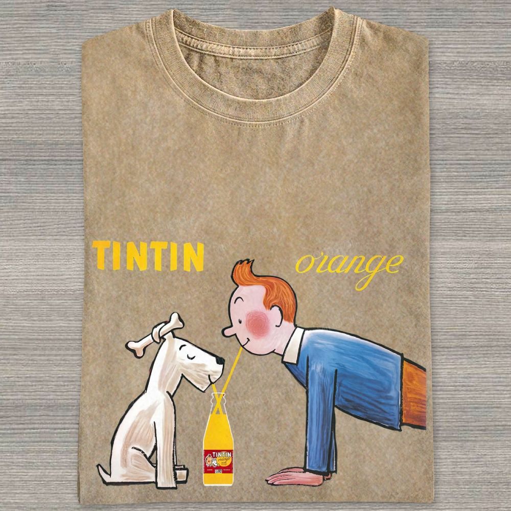 Cartoon Figure And Puppy Graphic Washed T-shirt