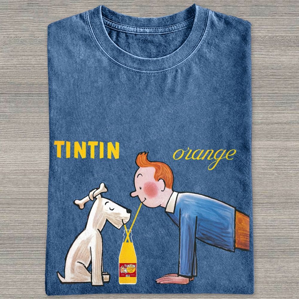 Cartoon Figure And Puppy Graphic Washed T-shirt