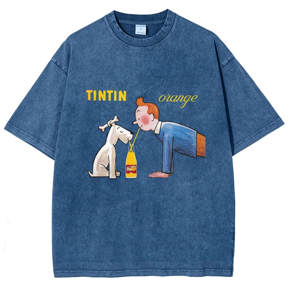 Cartoon Figure And Puppy Graphic Washed T-shirt