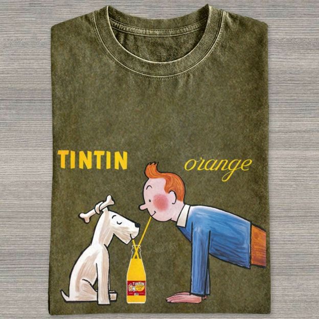 Cartoon Figure And Puppy Graphic Washed T-shirt