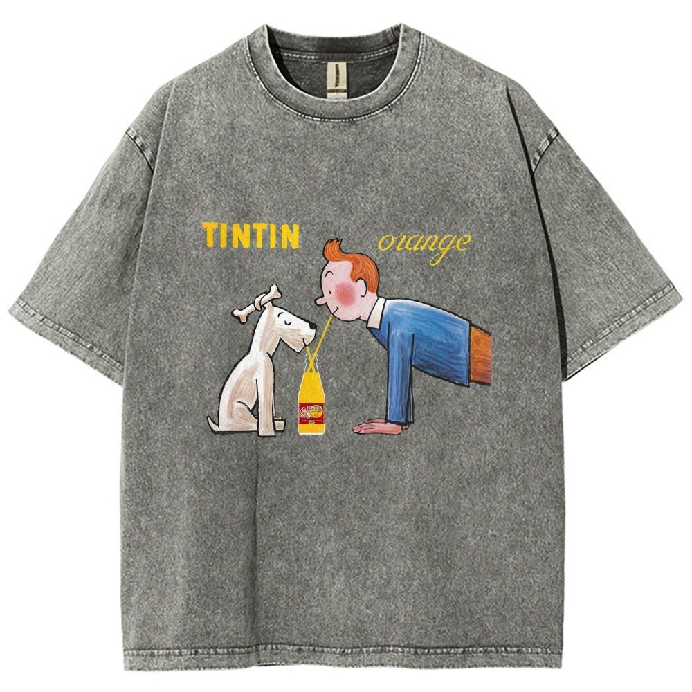 Cartoon Figure And Puppy Graphic Washed T-shirt