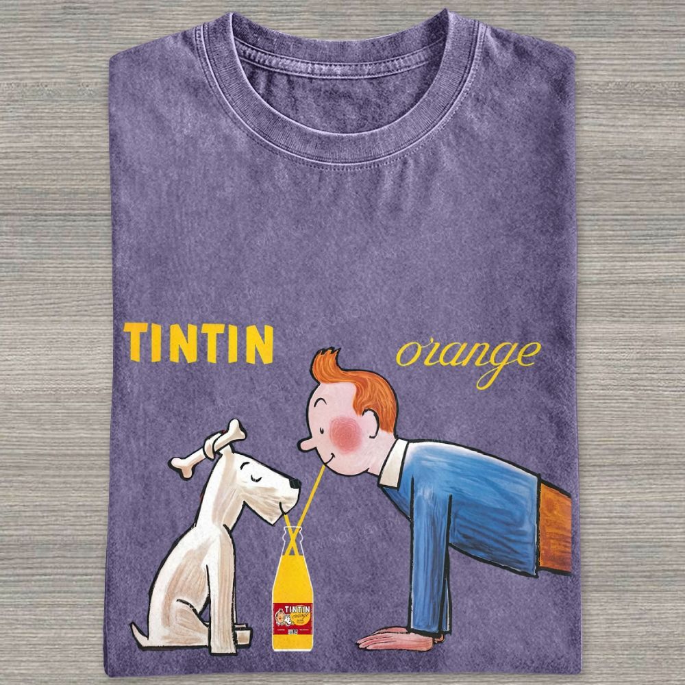 Cartoon Figure And Puppy Graphic Washed T-shirt
