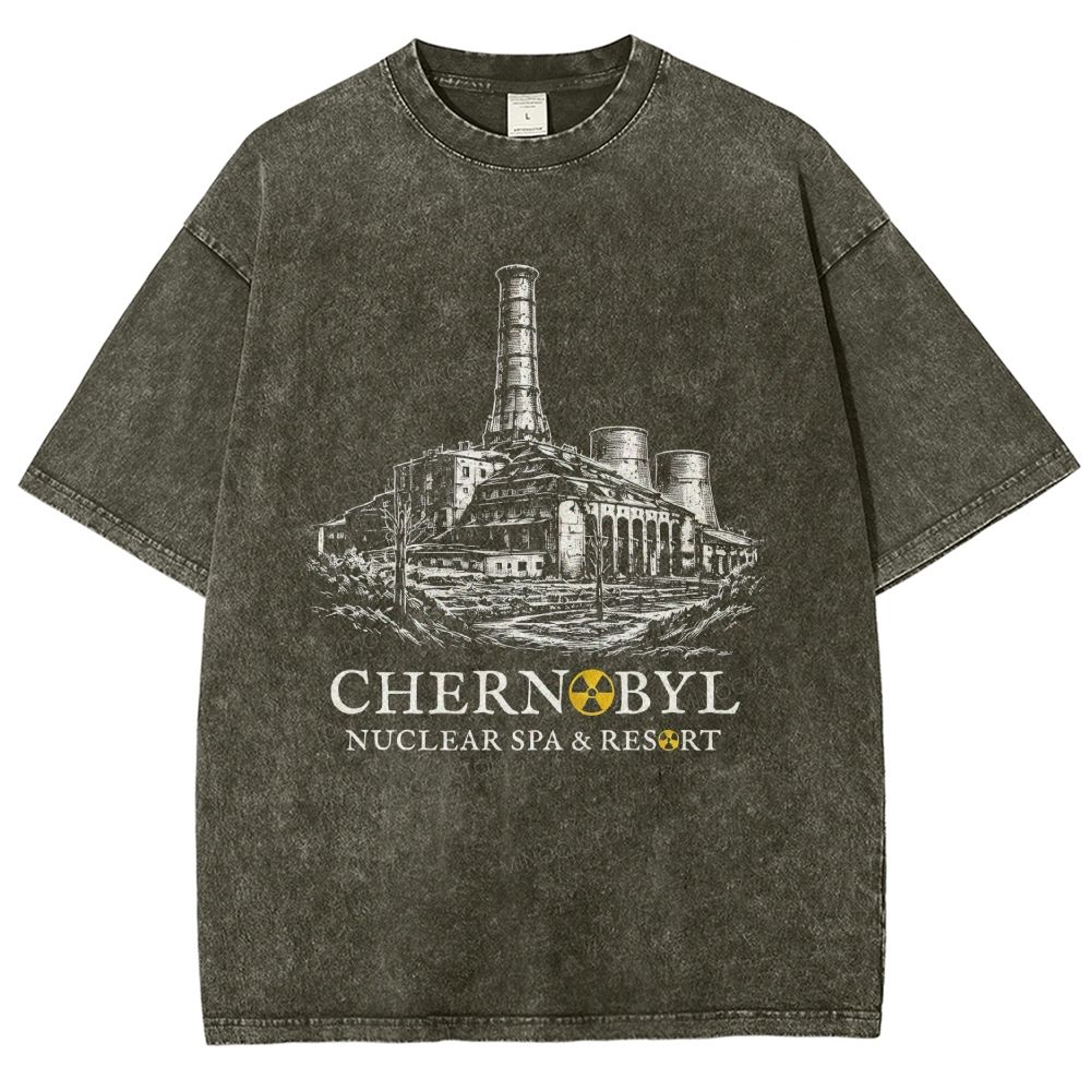Retro Nuclear Power Plant Sketch Graphic Unisex Fit Washed T-Shirt