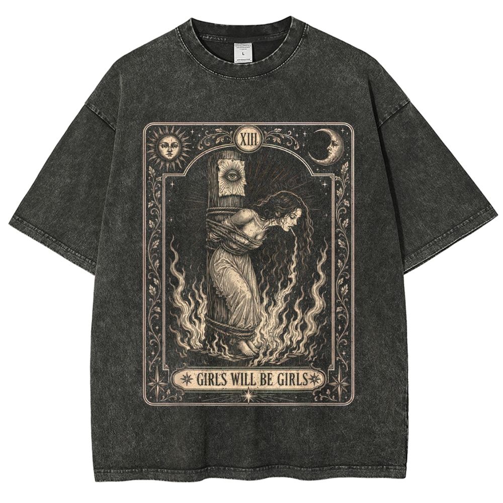 Vintage Mineral Washed Dark Tarot Card Graphic Unisex Fit Washed T-Shirt