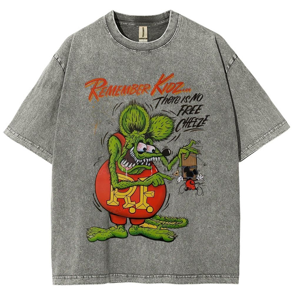 Retro Hot Rod Weird Mouse Cartoon Graphic Unisex Fit Washed T-Shirt