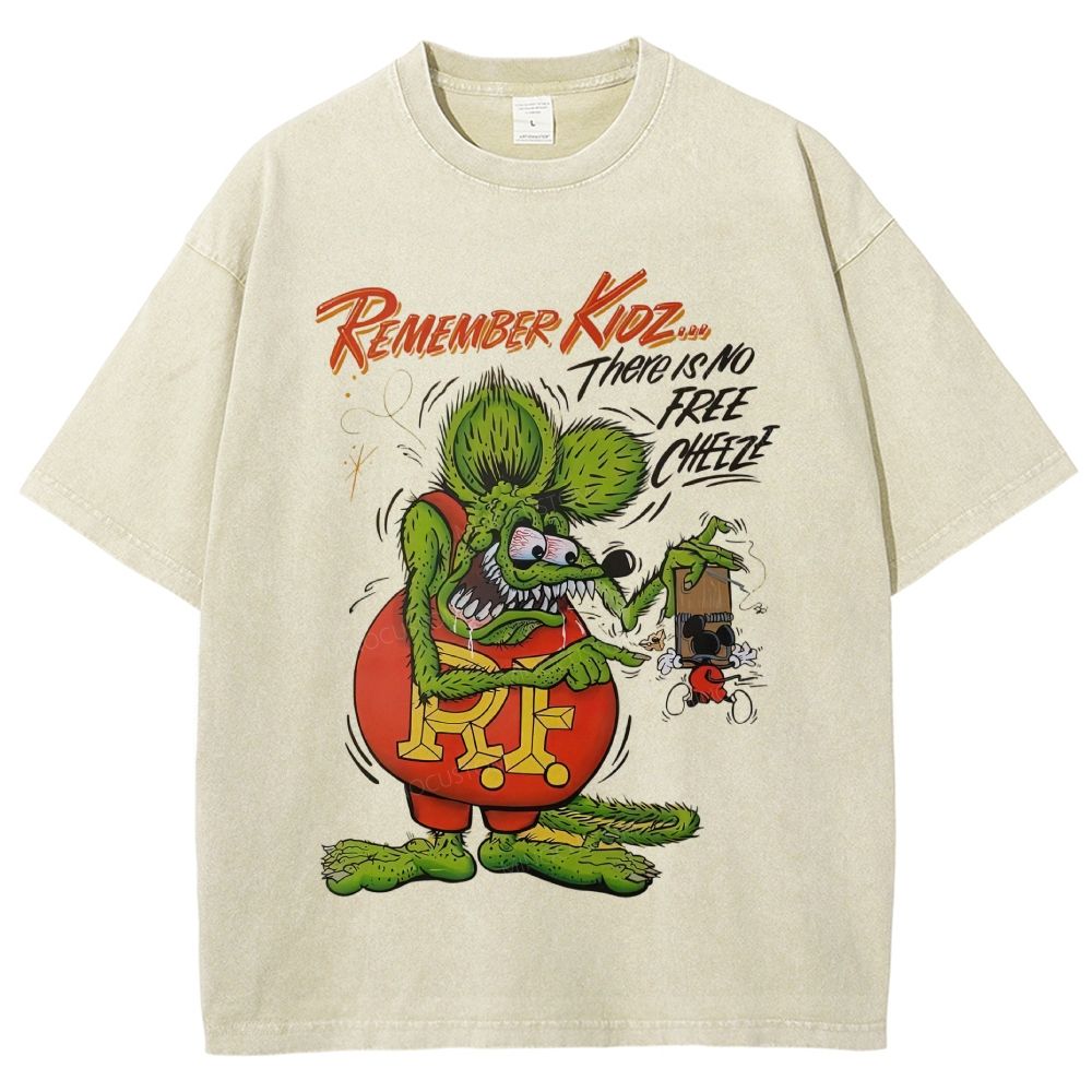 Retro Hot Rod Weird Mouse Cartoon Graphic Unisex Fit Washed T-Shirt
