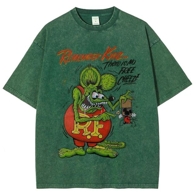 Retro Hot Rod Weird Mouse Cartoon Graphic Unisex Fit Washed T-Shirt